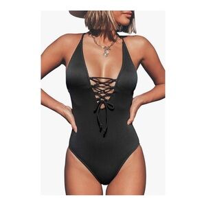 Cupshe // Black Ribbed Lace-Up Swimsuit